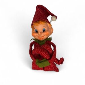 Vintage Japan Red Burlap Pixie Elf Knee Hugger Christmas Ornament
